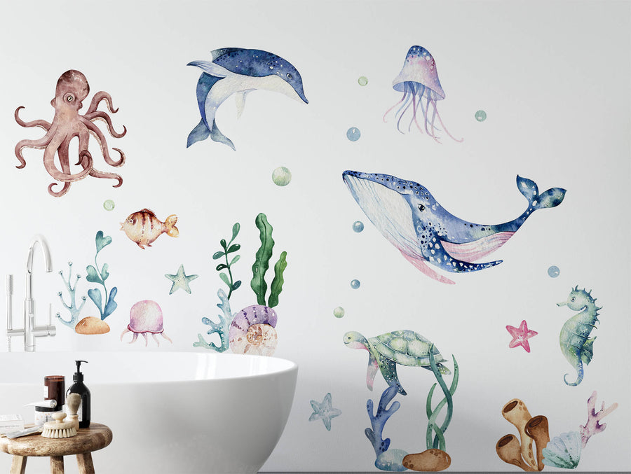 watercolor undersea life wall decals fabric stickers bathroom nursery decor -WD005