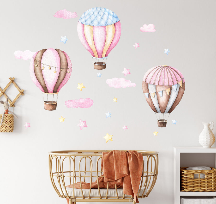 watercolor balloons and clouds stars fabric decals pinky hot balloons stickers for girls nursery bedroom -WD009