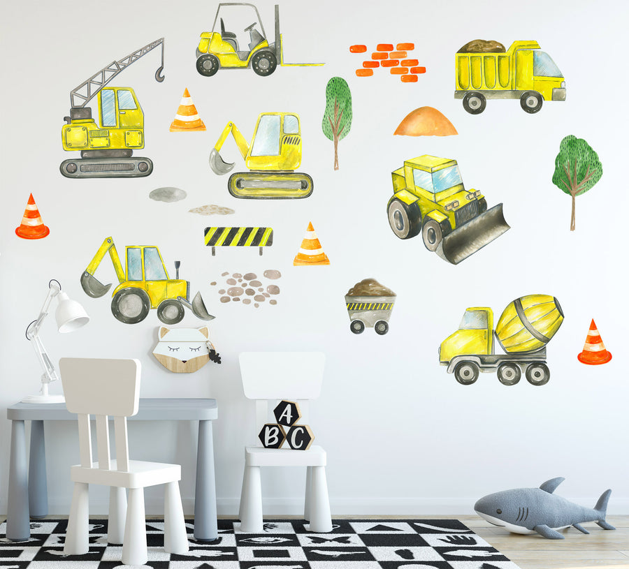 Watercolor construction trucks crane forklift wall decal fabric decals nursery boys bedroom decor stickers -WD004