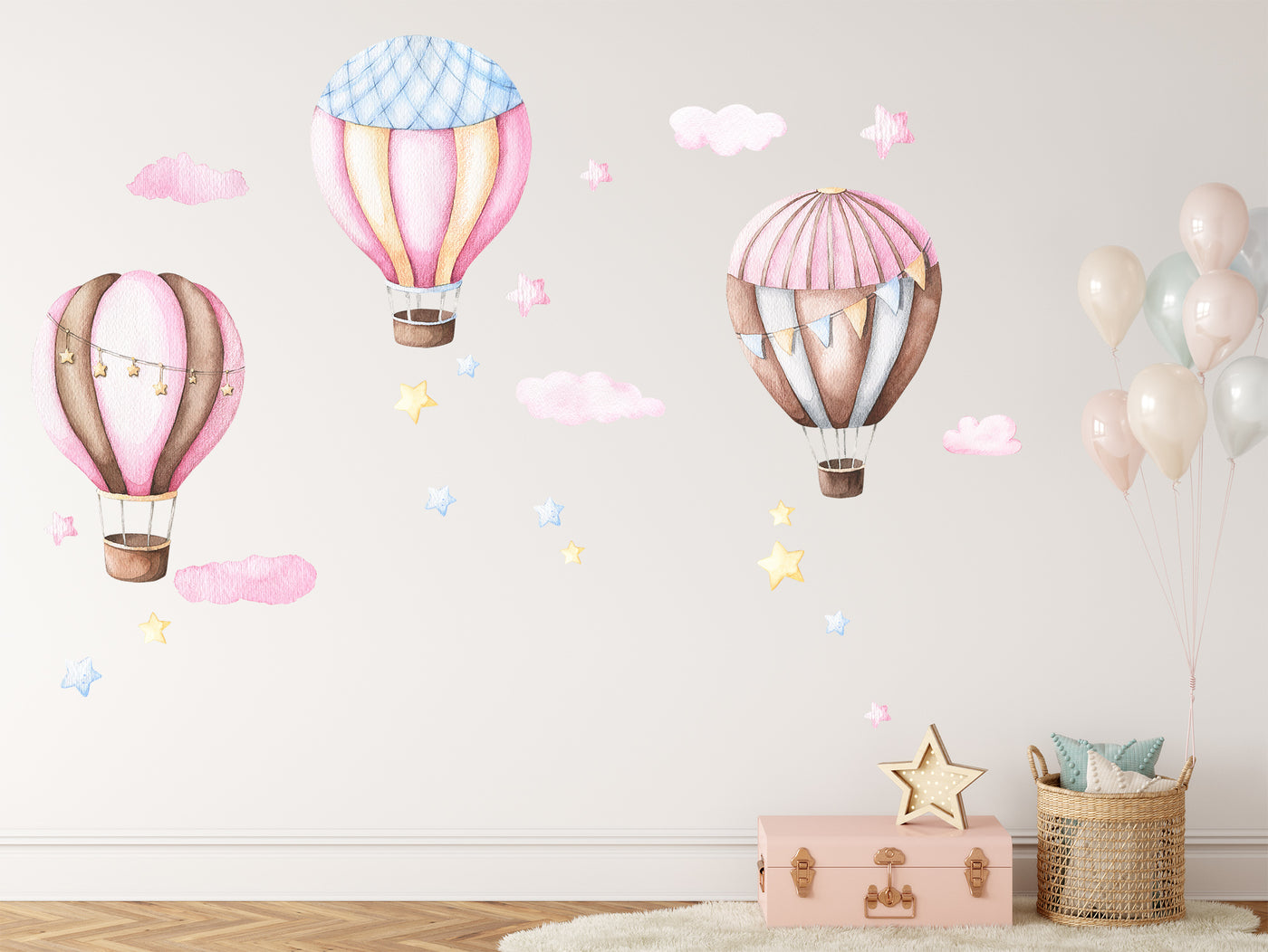 watercolor balloons and clouds stars fabric decals pinky hot balloons stickers for girls nursery bedroom -WD009