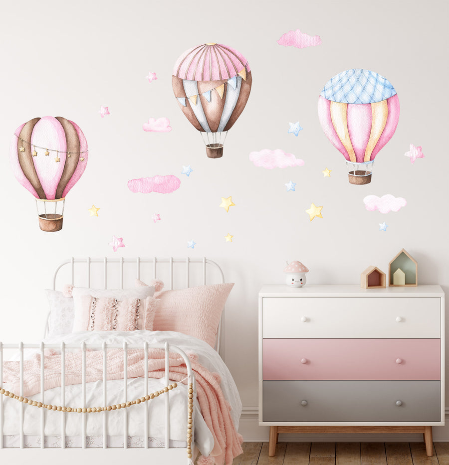 watercolor balloons and clouds stars fabric decals pinky hot balloons stickers for girls nursery bedroom -WD009