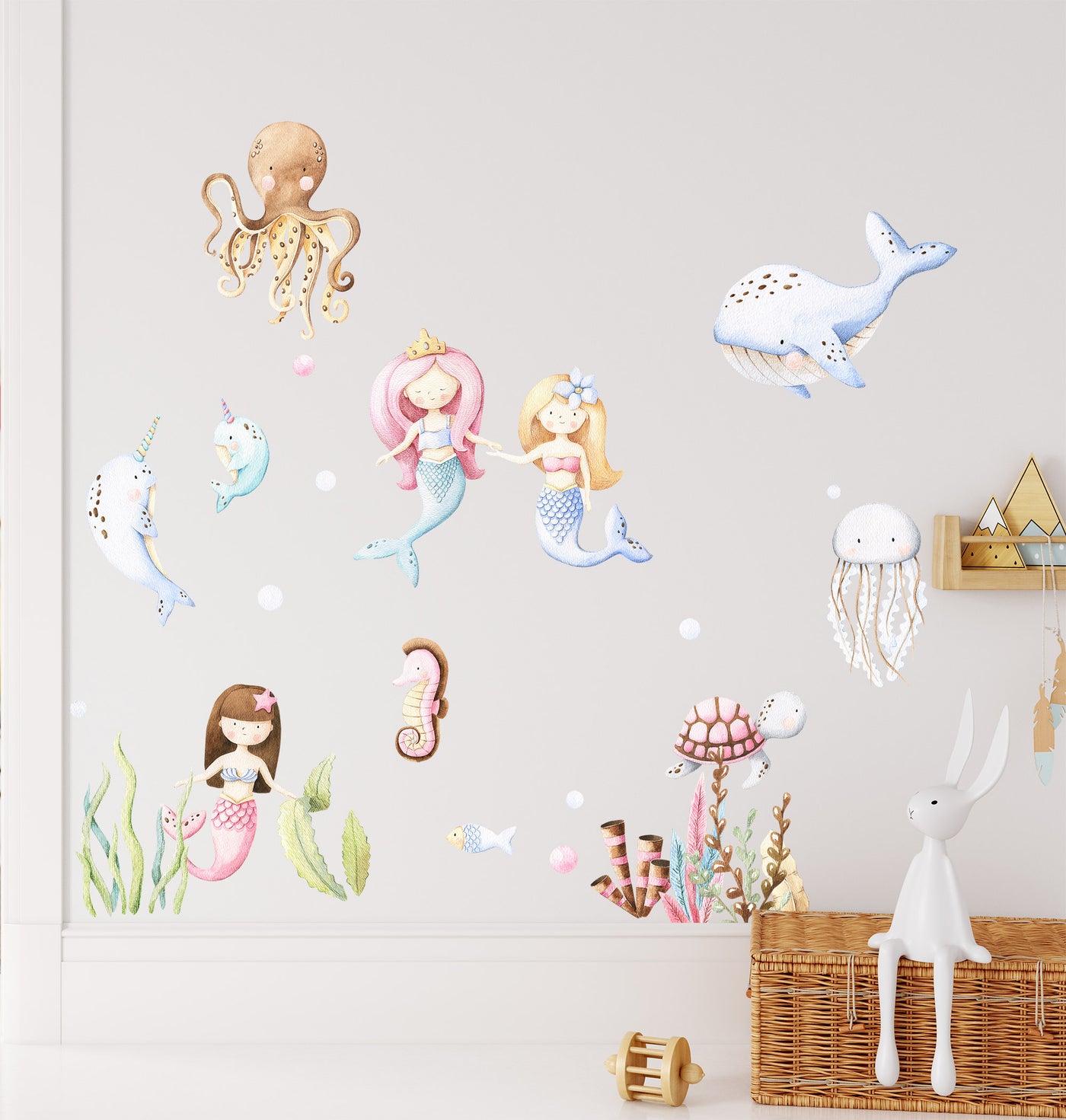 Mermaids and ocean life wall decals fabric stickers decor for baby girls and nursery -WD007