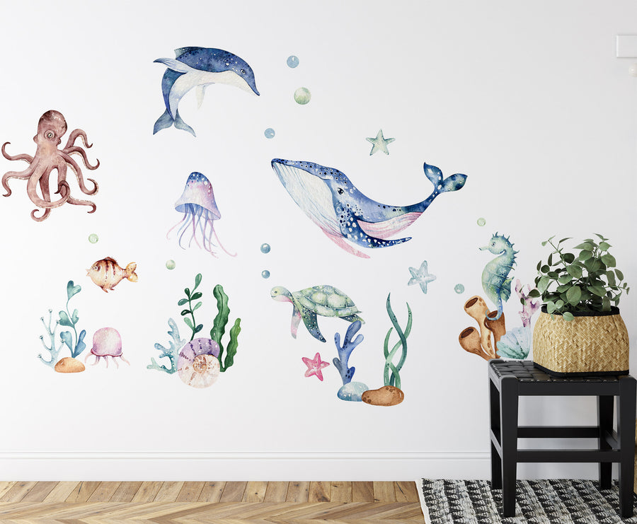 watercolor undersea life wall decals fabric stickers bathroom nursery decor -WD005