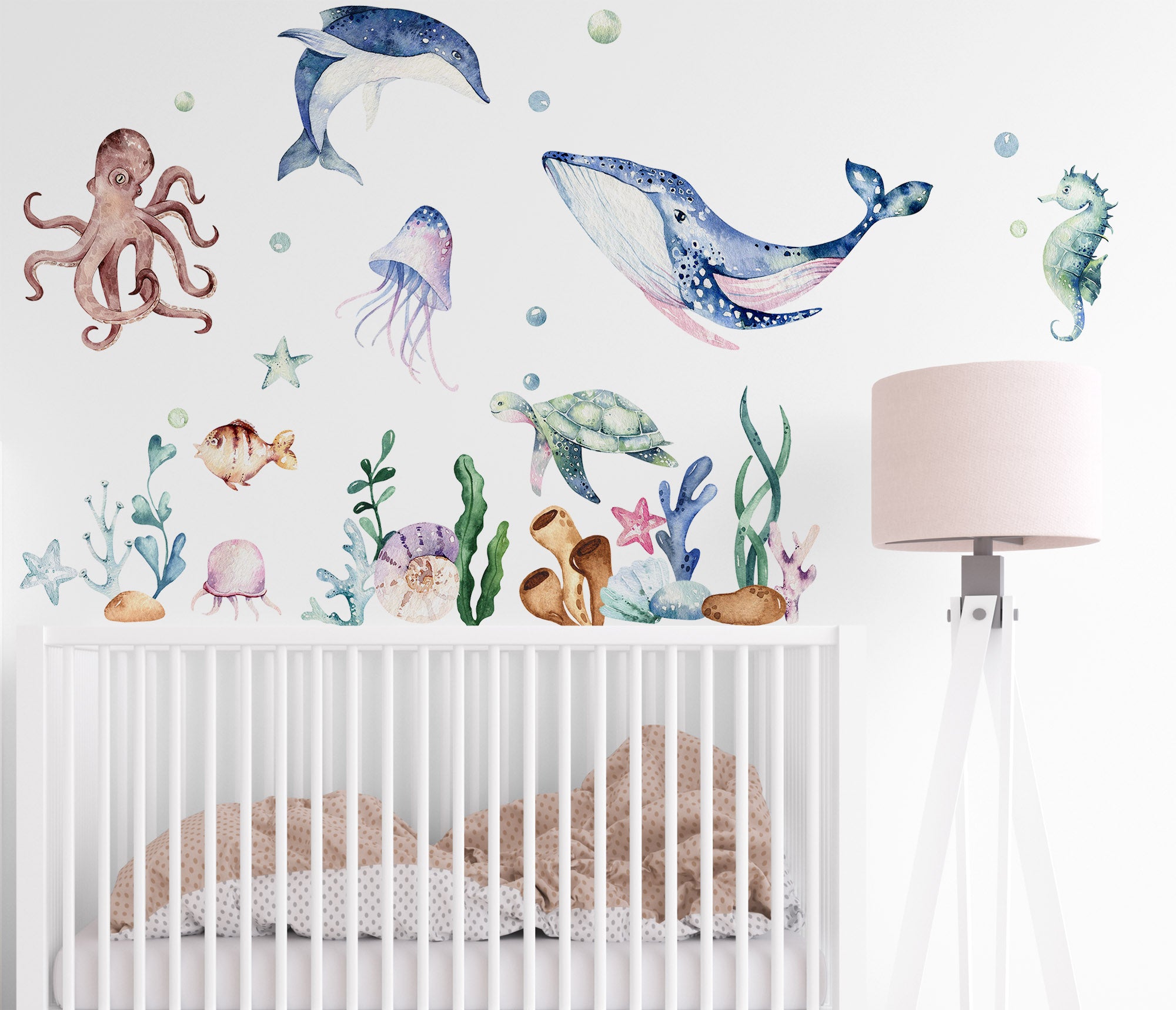 watercolor undersea life wall decals fabric stickers bathroom nursery decor -WD005