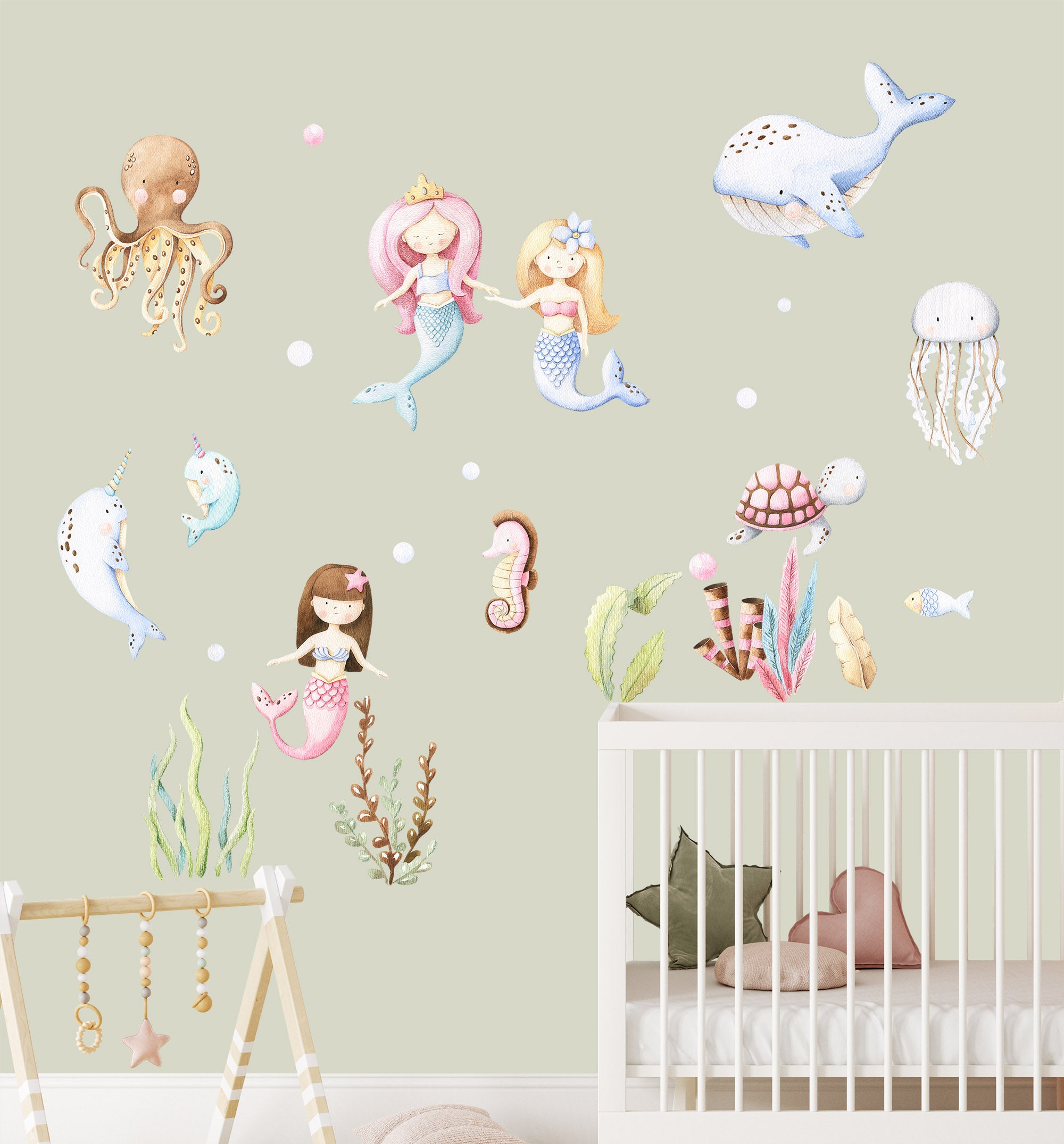 Mermaids and ocean life wall decals fabric stickers decor for baby girls and nursery -WD007