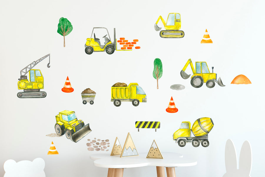 Watercolor construction trucks crane forklift wall decal fabric decals nursery boys bedroom decor stickers -WD004