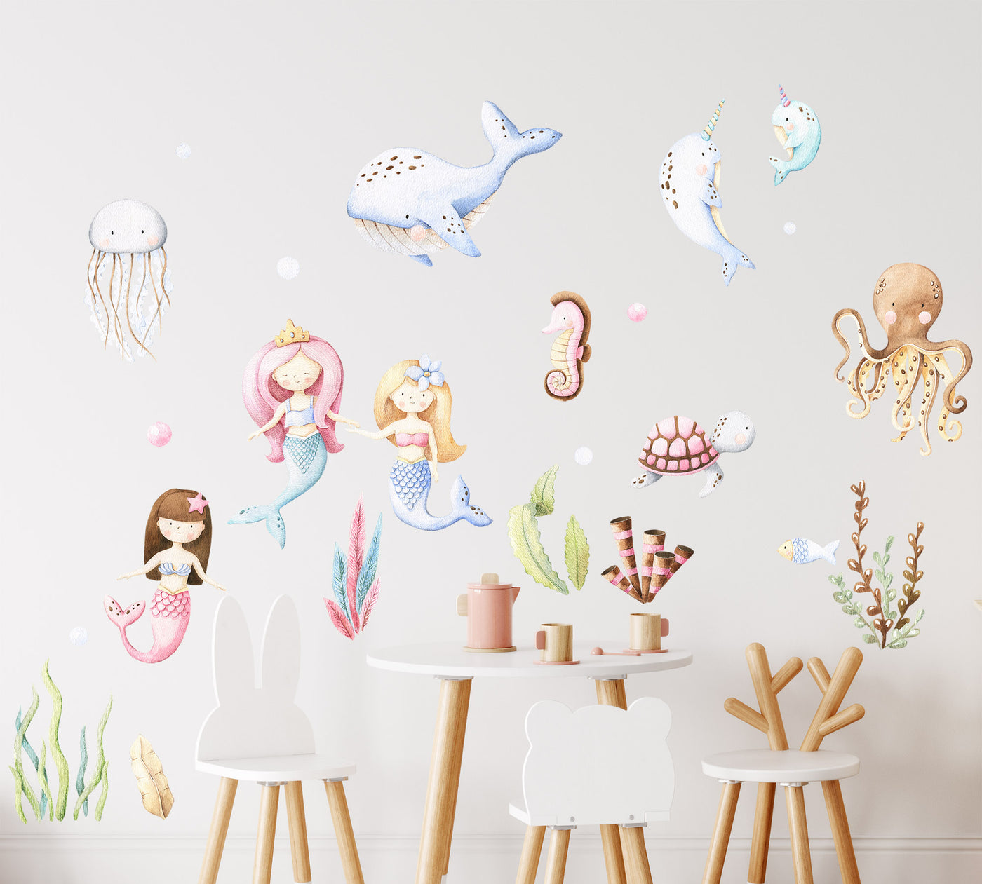 Mermaids and ocean life wall decals fabric stickers decor for baby girls and nursery -WD007