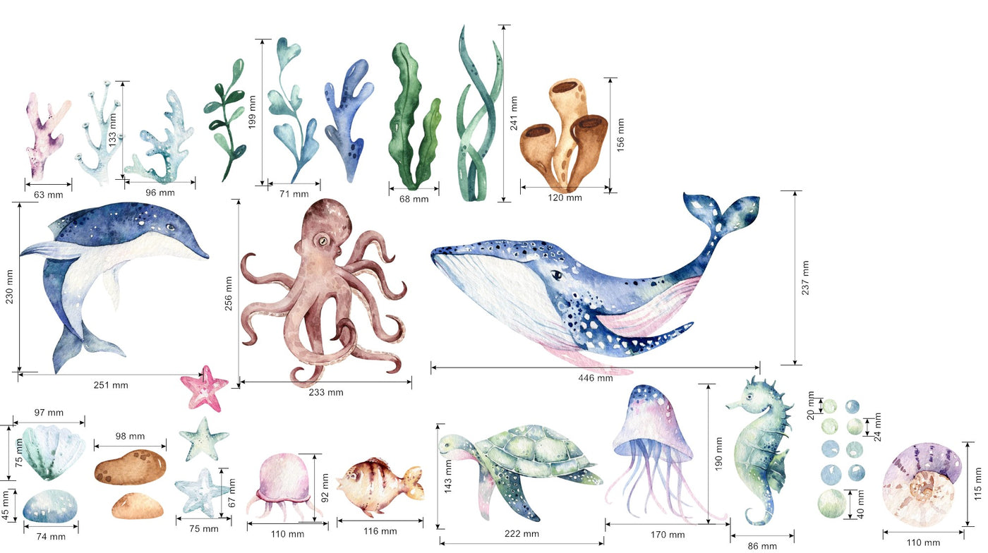 watercolor undersea life wall decals fabric stickers bathroom nursery decor -WD005