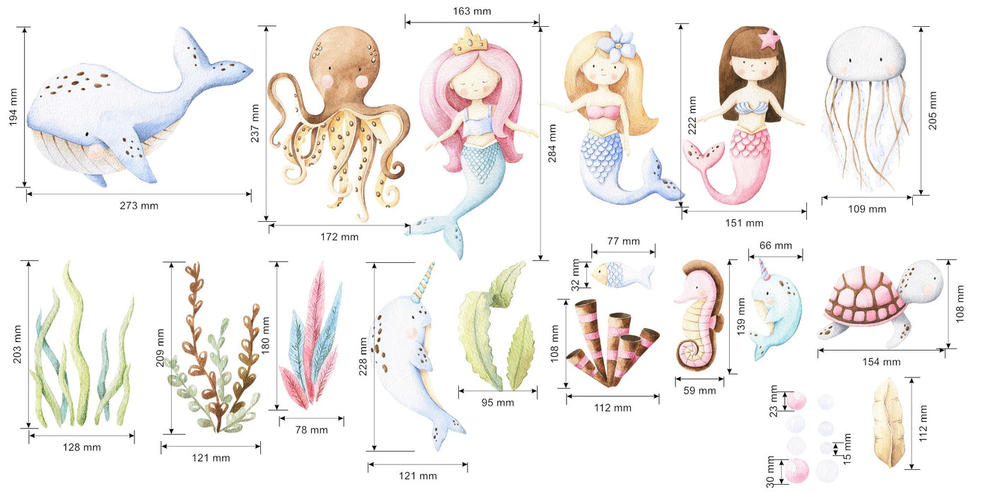 Mermaids and ocean life wall decals fabric stickers decor for baby girls and nursery -WD007