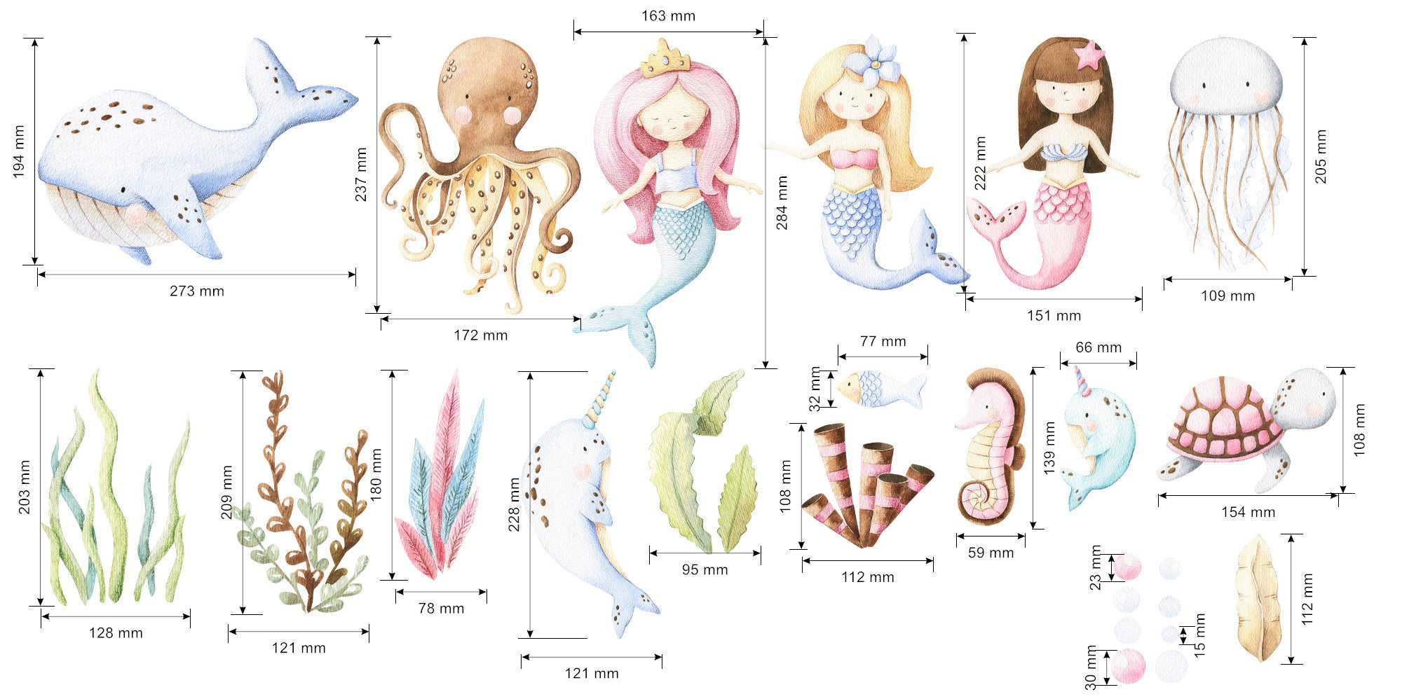 Mermaids and ocean life wall decals fabric stickers decor for baby girls and nursery -WD007