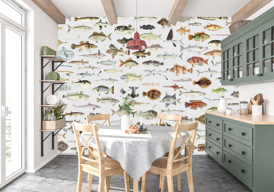 Vintage fishes wallpaper ocean life wall mural seafood wallcovering -SWM005