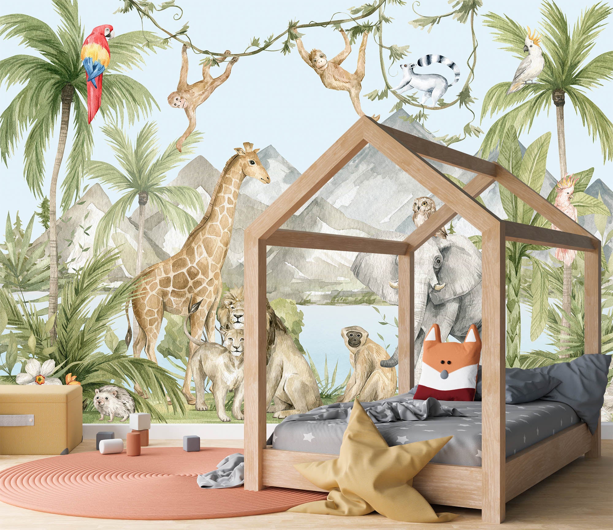 Watercolor jungle animals wall mural kids room wallpaper -SWM002