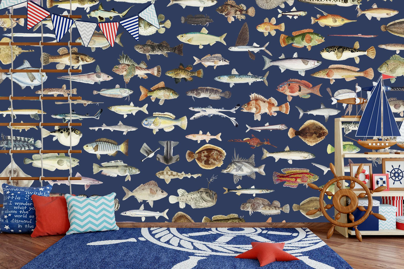 Vintage Wallpaper, Removable, Fish Pattern, Sea Fish, Unique