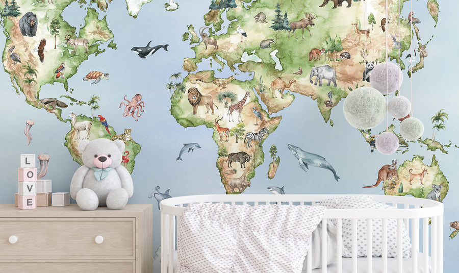 Watercolor Animals Map of World Wallpaper Wildlife Encyclopedia Mural -WM001