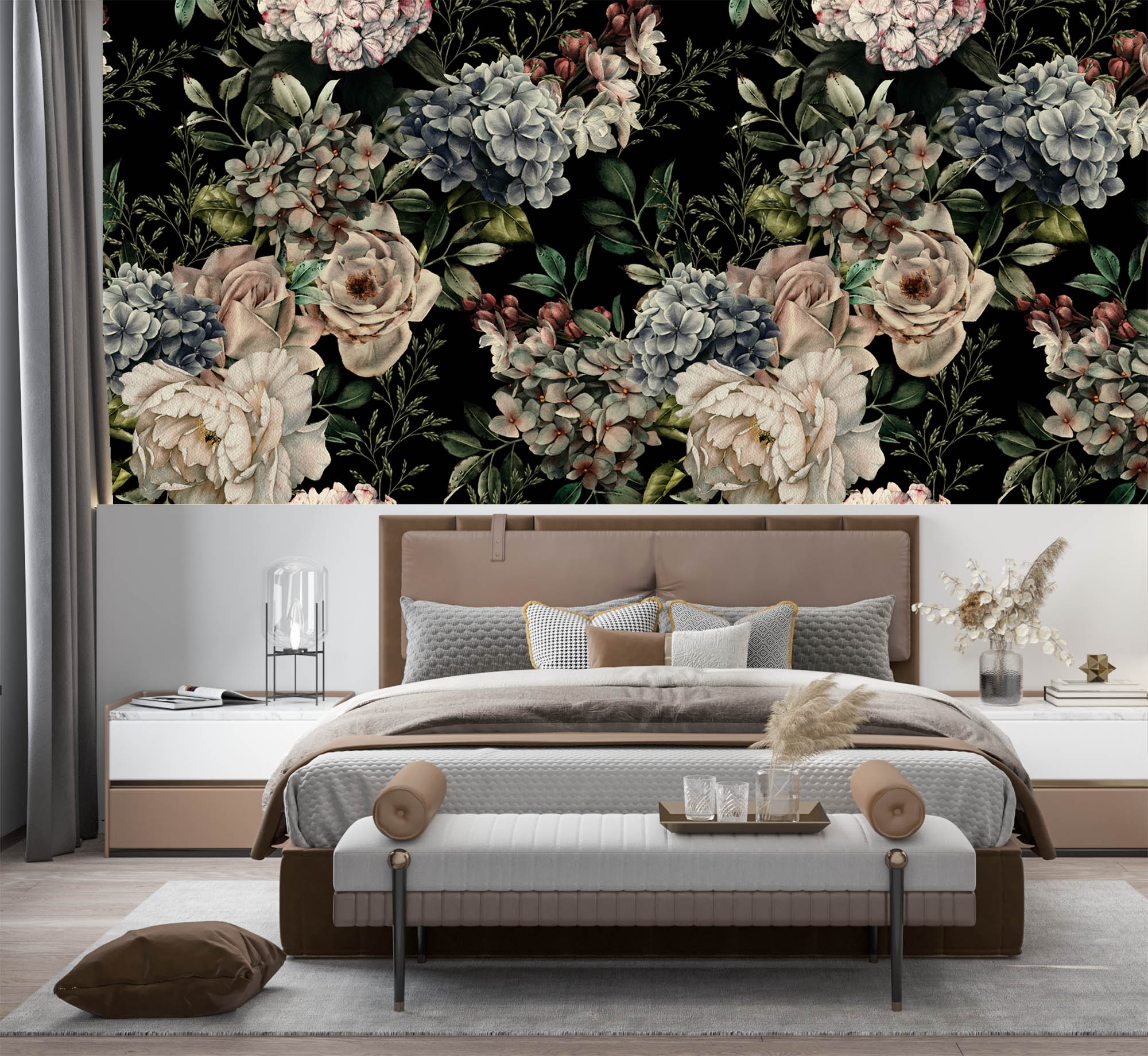 Dark peony bouquet wallpaper watercolor flowers wall mural black backdrop -SWM004