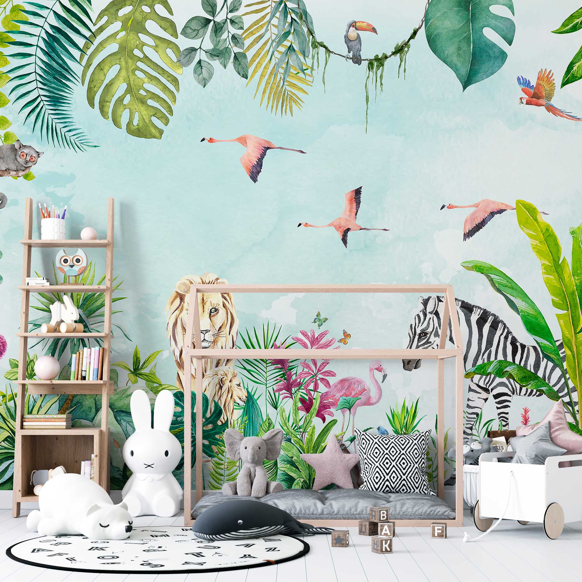 Watercolor jungle wall mural safari animals wallpaper tatoo -WM003