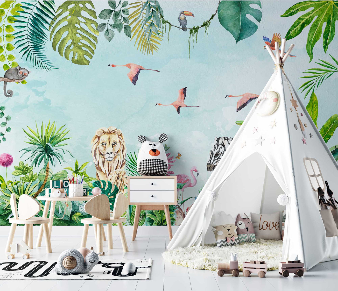 Watercolor jungle wall mural safari animals wallpaper tatoo -WM003