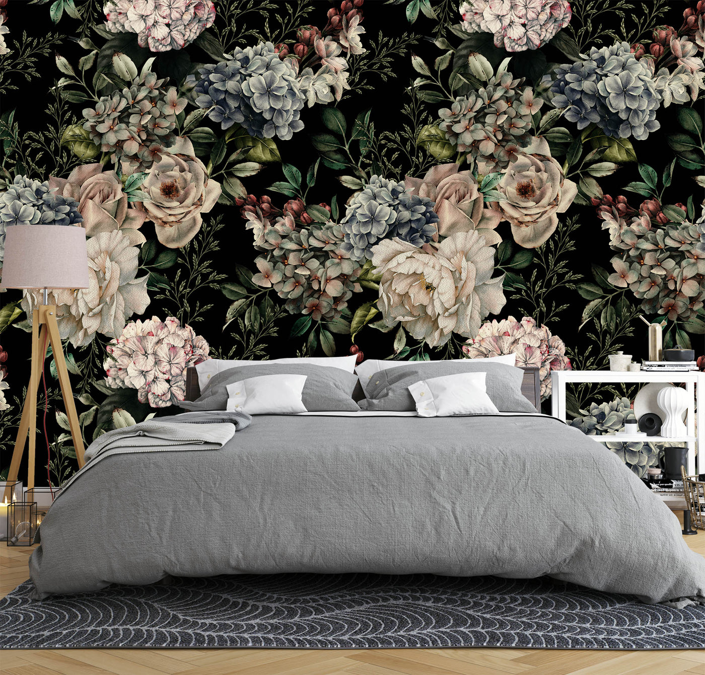 Dark peony bouquet wallpaper watercolor flowers wall mural black backdrop -SWM004