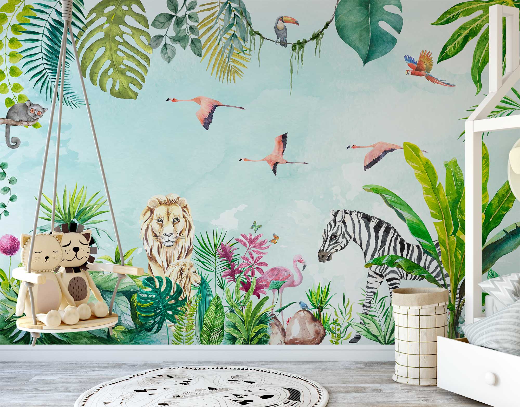 Watercolor jungle wall mural safari animals wallpaper tatoo -WM003