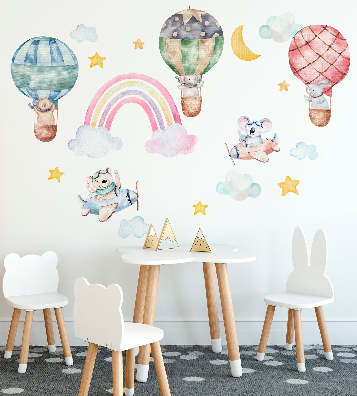 Hot air balloon with animals stickers Large safari in sky rainbow clouds star moon kids room wall decal -WD001