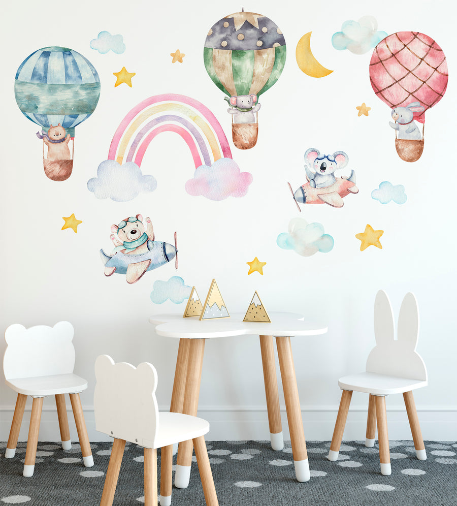 Hot air balloon with animals stickers Large safari in sky rainbow clouds star moon kids room wall decal -WD001