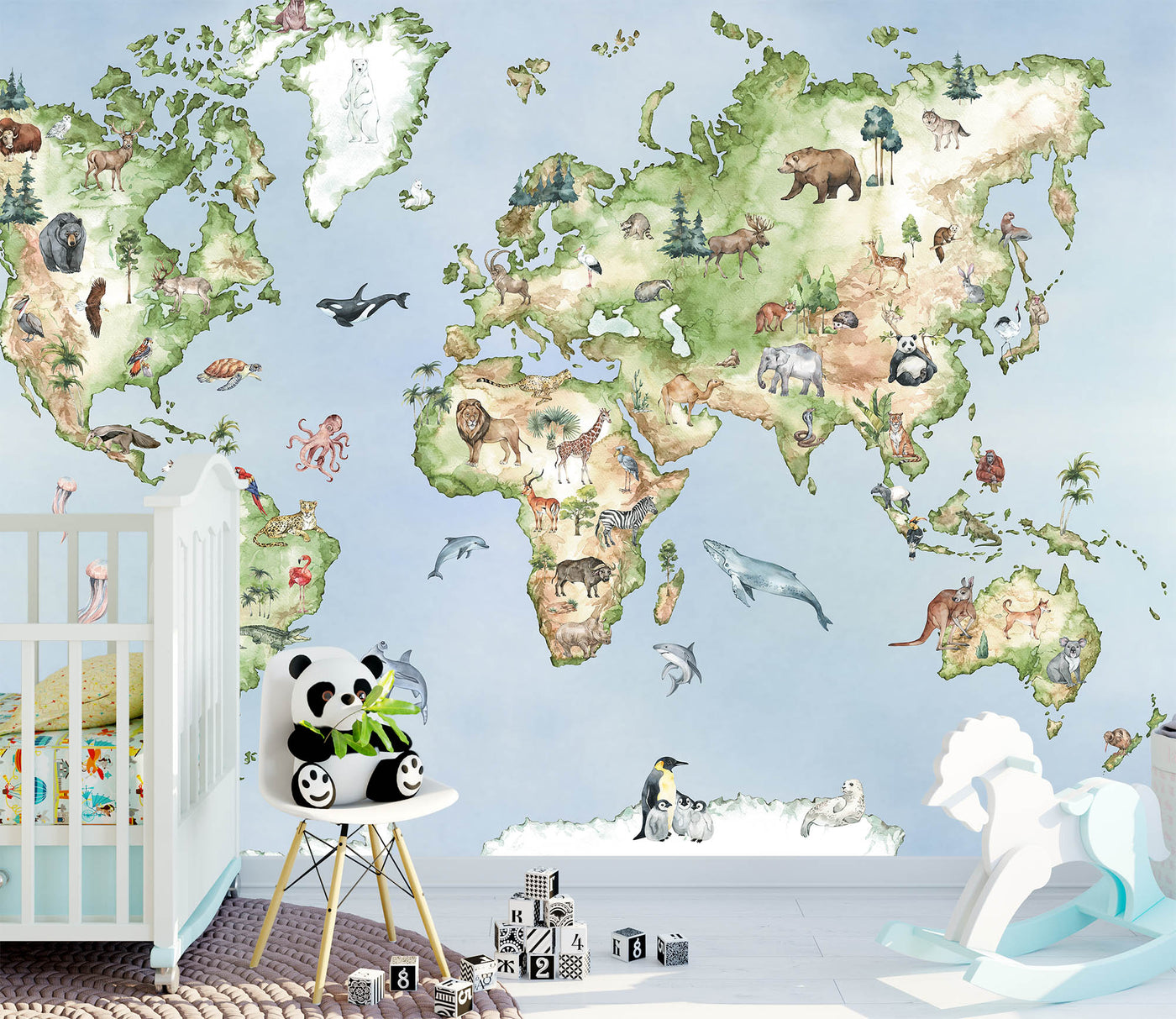 Watercolor Animals Map of World Wallpaper Wildlife Encyclopedia Mural -WM001