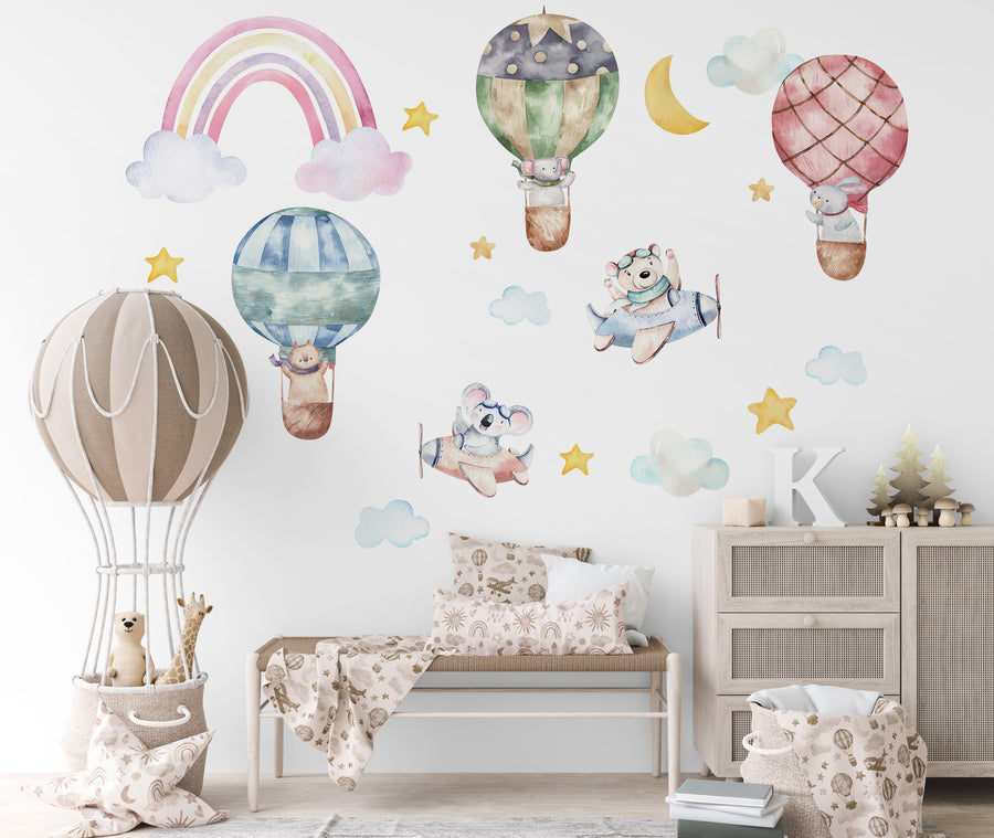 Hot air balloon with animals stickers Large safari in sky rainbow clouds star moon kids room wall decal -WD001