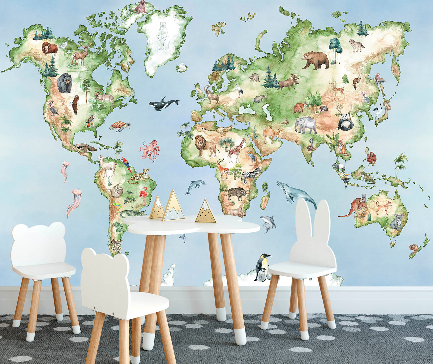 Watercolor Animals Map of World Wallpaper Wildlife Encyclopedia Mural -WM001