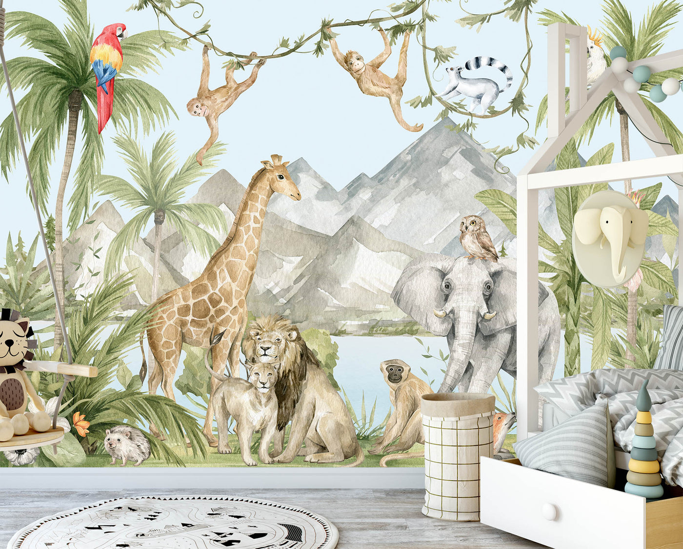 Watercolor jungle animals wall mural kids room wallpaper -SWM002