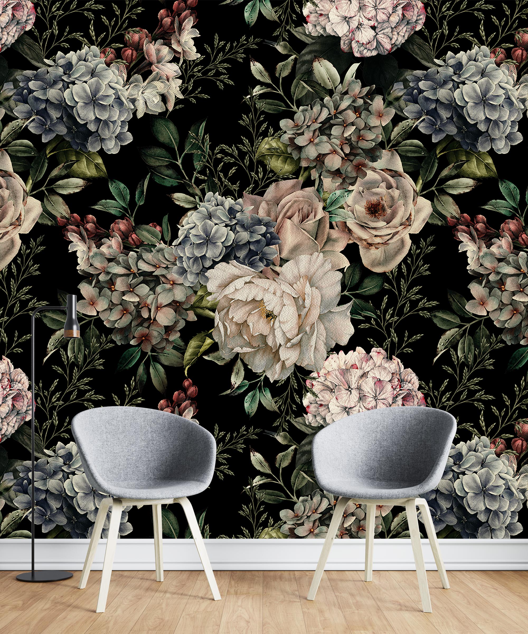 Dark peony bouquet wallpaper watercolor flowers wall mural black backdrop -SWM004