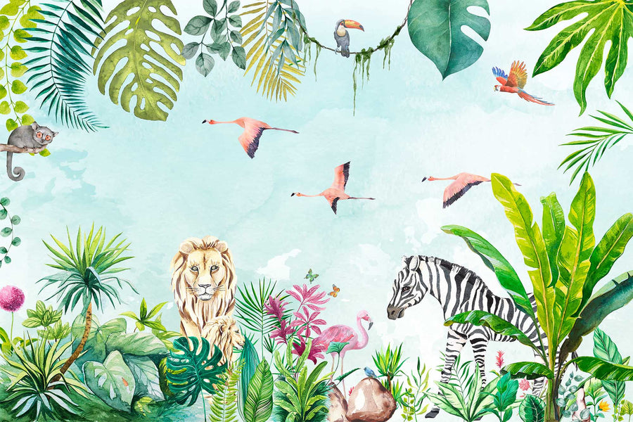 Watercolor jungle wall mural safari animals wallpaper tatoo -WM003