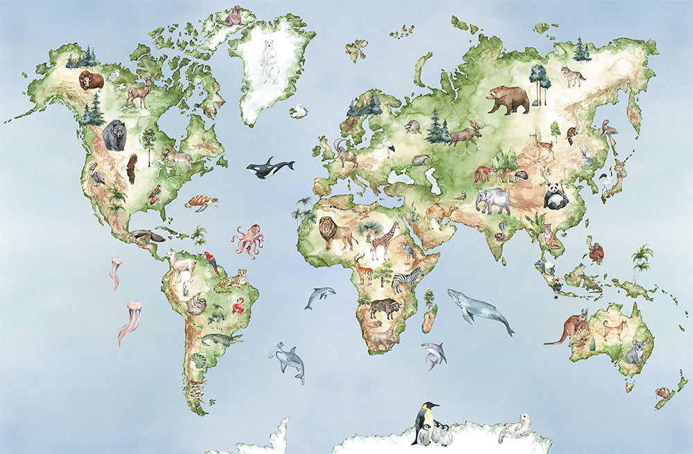 Watercolor Animals Map of World Wallpaper Wildlife Encyclopedia Mural -WM001