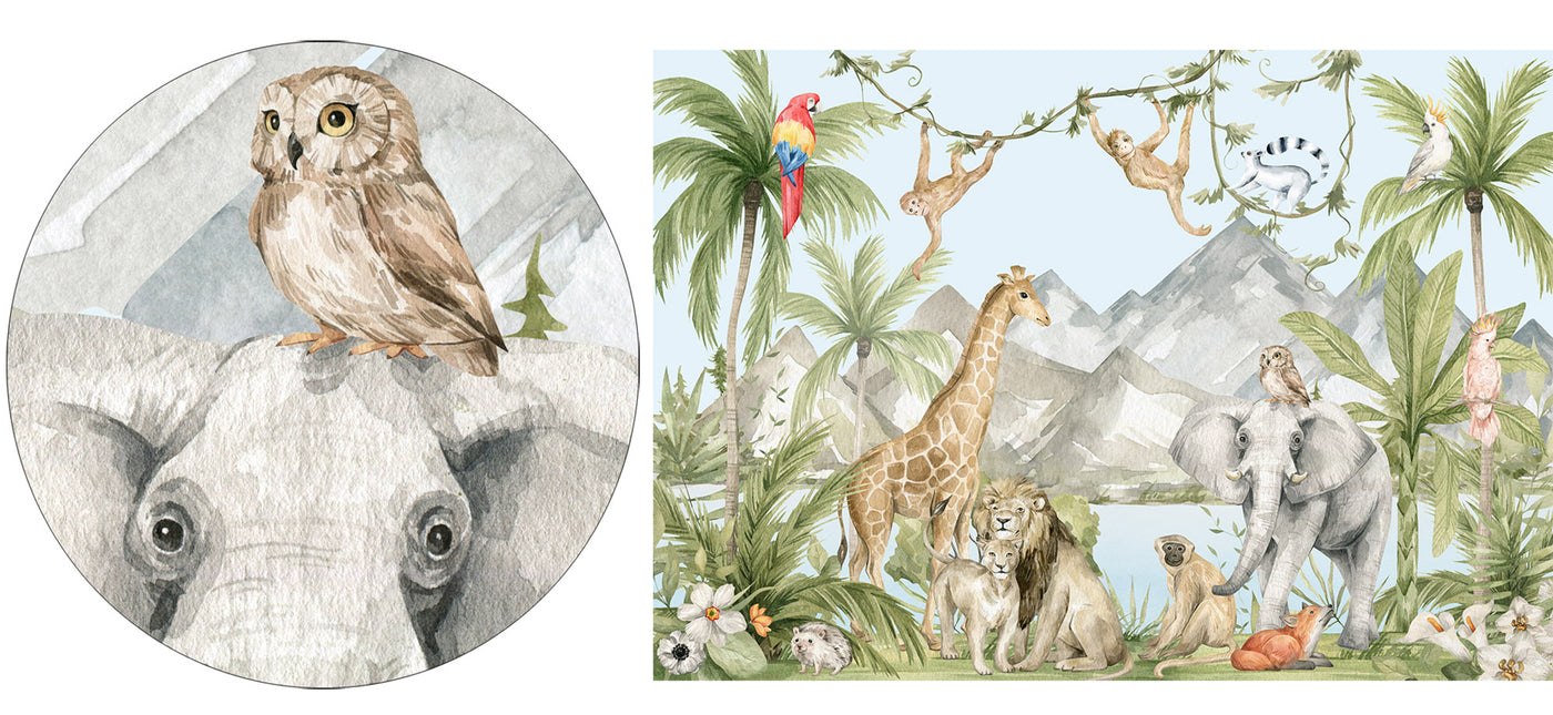 Watercolor jungle animals wall mural kids room wallpaper -SWM002