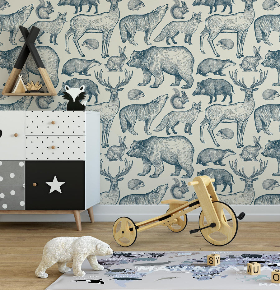 Animals wallpaper monochrome woodland zoo wallpaper color customizable Peel&Stick -SW003