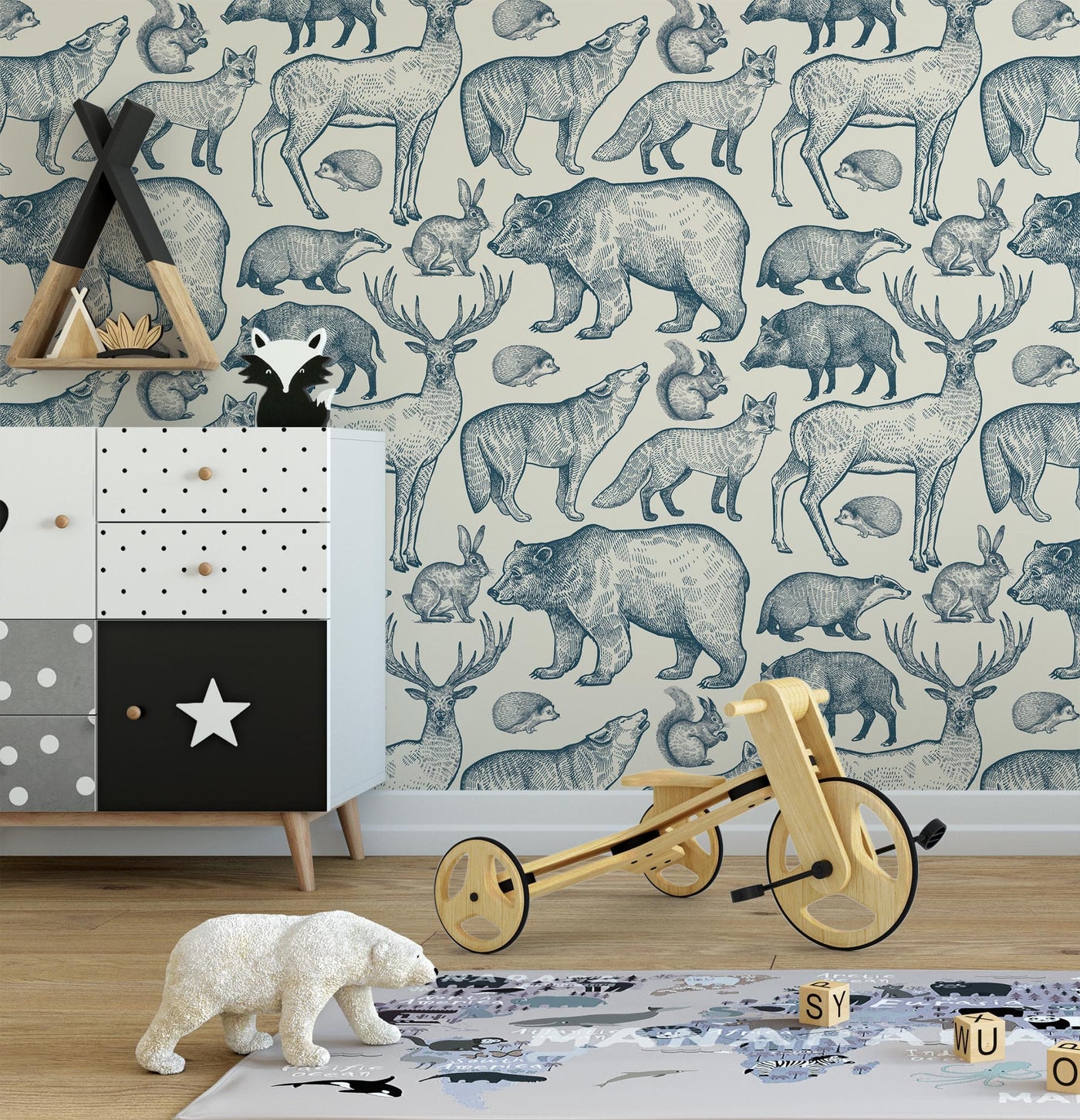 woodland animals wallpaper Peel and Stick nursery decor monochrome forest animal mural removable fabric decal playroom temporary wallpaper