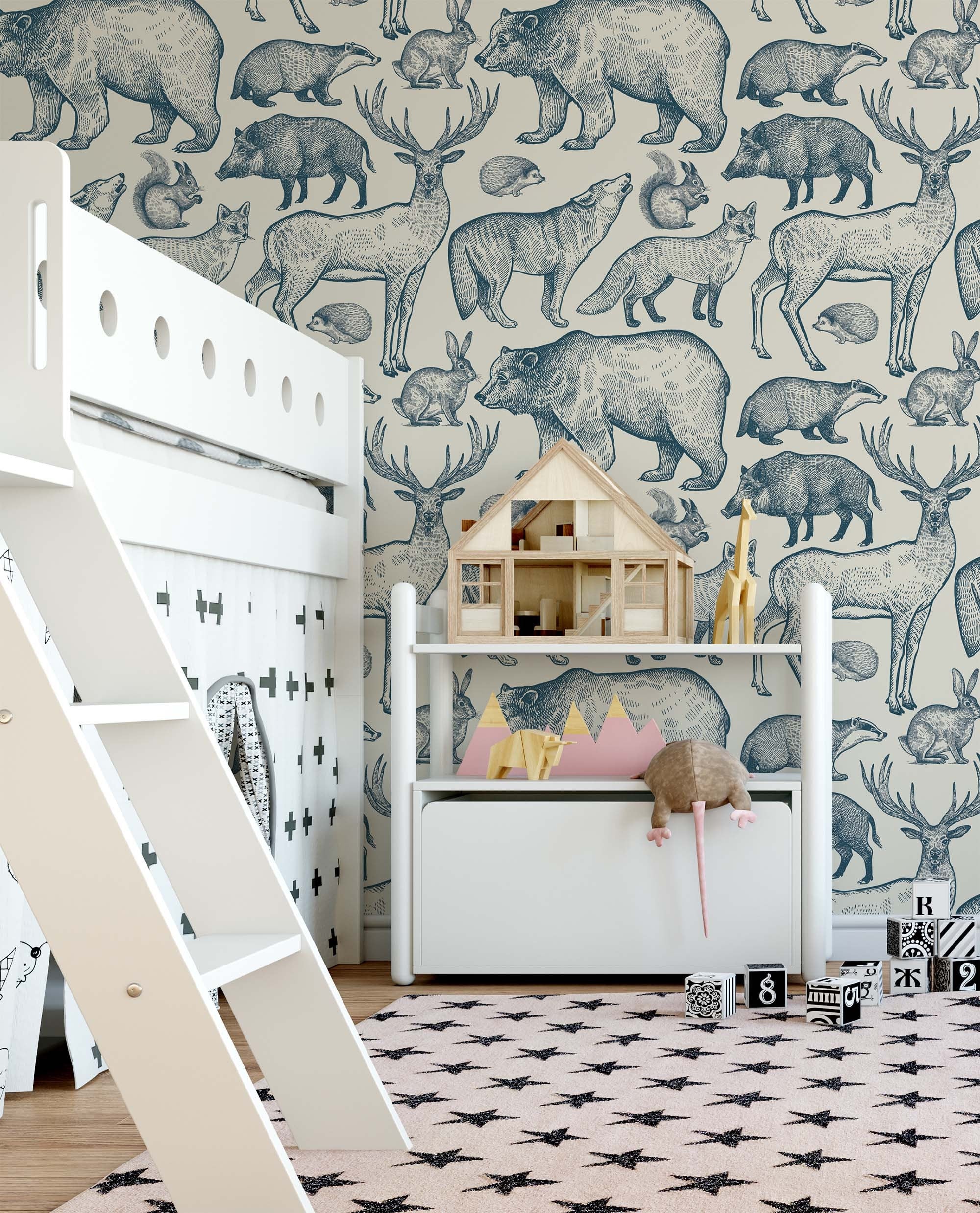 woodland animals wallpaper Peel and Stick nursery decor monochrome forest animal mural removable fabric decal playroom temporary wallpaper