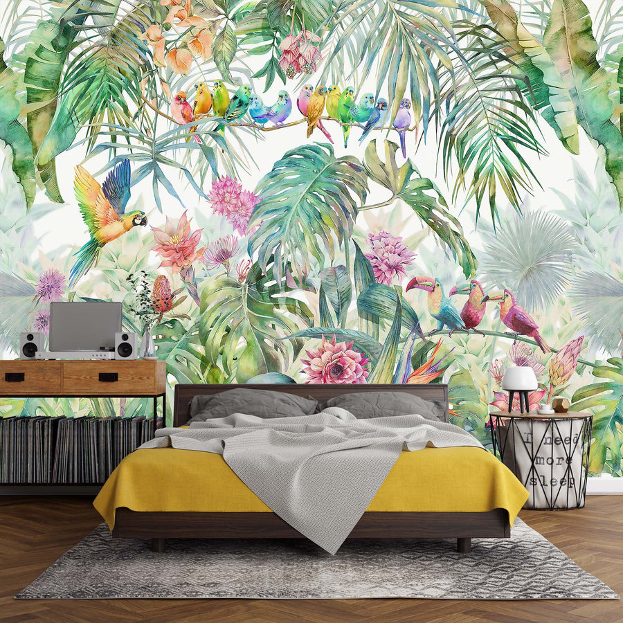 watercolor tropical theme wallpaper removable wall mural tropical leaves flowers and birds Peel and Stick wall decor