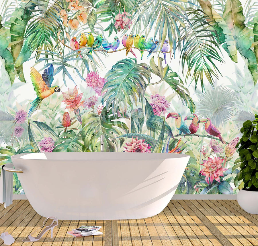 watercolor tropical theme wallpaper removable wall mural tropical leaves flowers and birds Peel and Stick wall decor