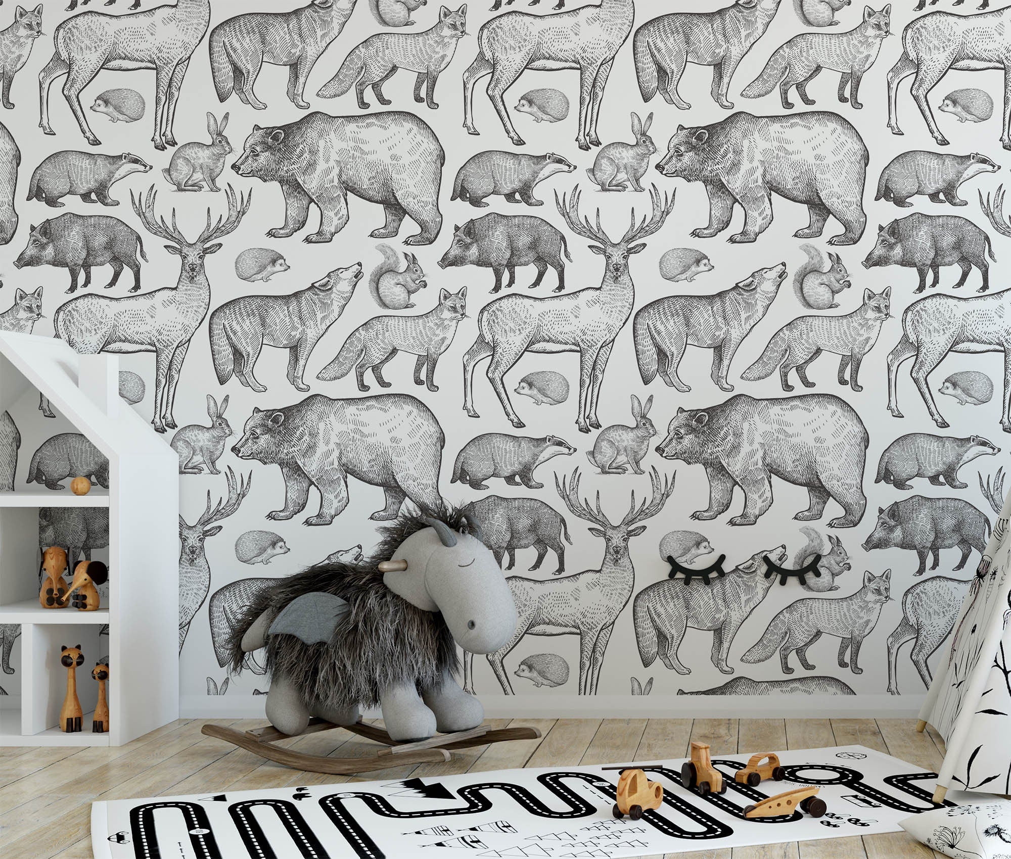 woodland animals wallpaper Peel and Stick nursery decor monochrome forest animal mural removable fabric decal playroom temporary wallpaper