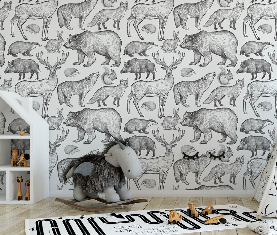 woodland animals wallpaper Peel and Stick nursery decor monochrome forest animal mural removable fabric decal playroom temporary wallpaper