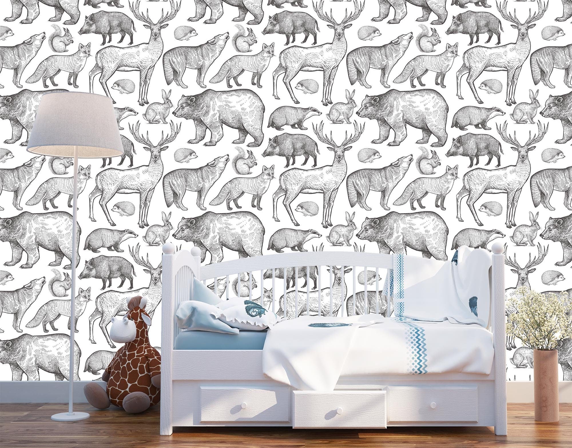 woodland animals wallpaper Peel and Stick nursery decor monochrome forest animal mural removable fabric decal playroom temporary wallpaper