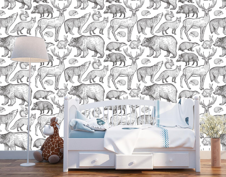 woodland animals wallpaper Peel and Stick nursery decor monochrome forest animal mural removable fabric decal playroom temporary wallpaper
