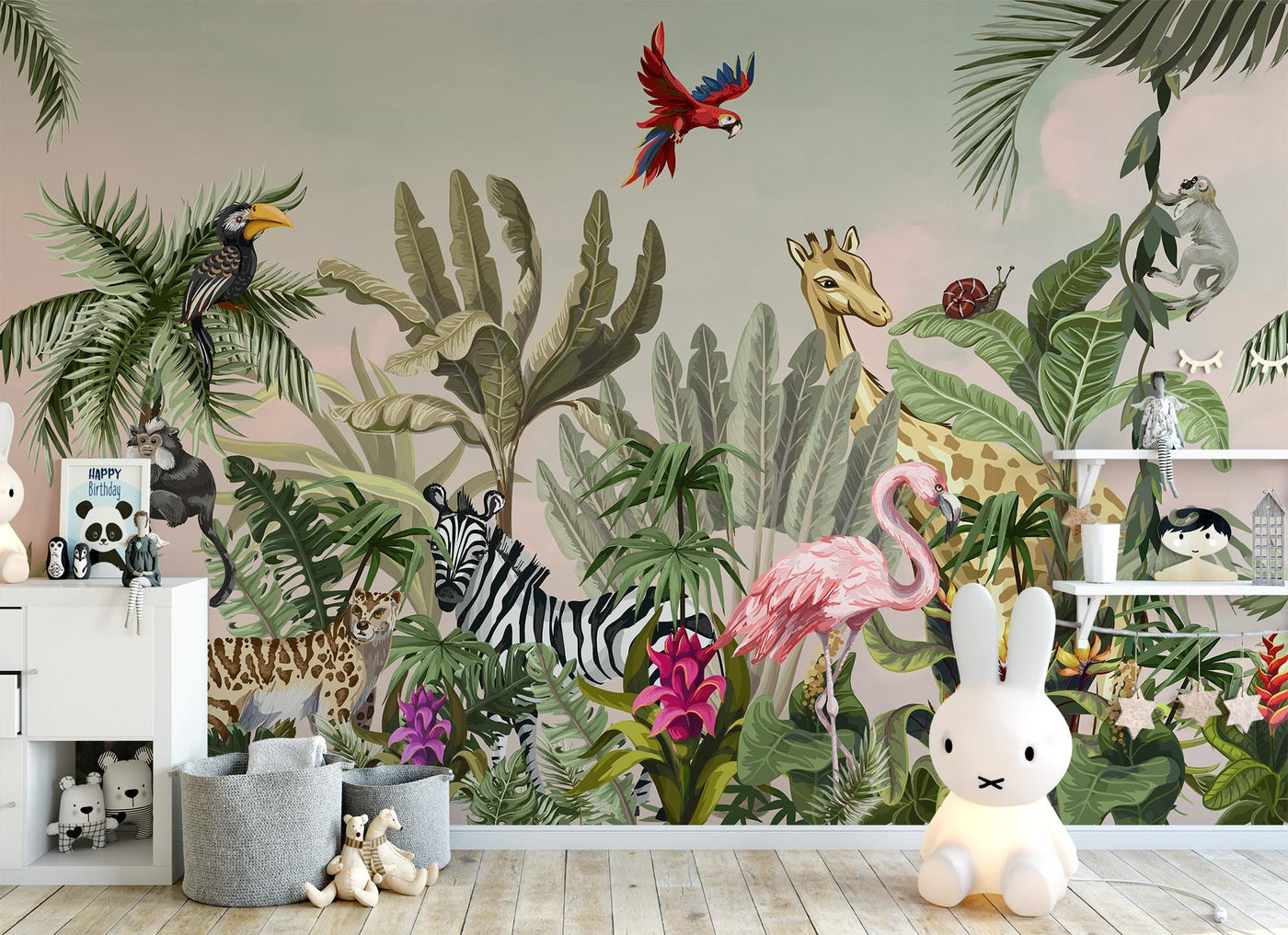watercolor safari wallpaper,Peel and Stick jungle animals wallpaper,Removable kids playroom wallpaper,exotic wildlife Regular wallcovering