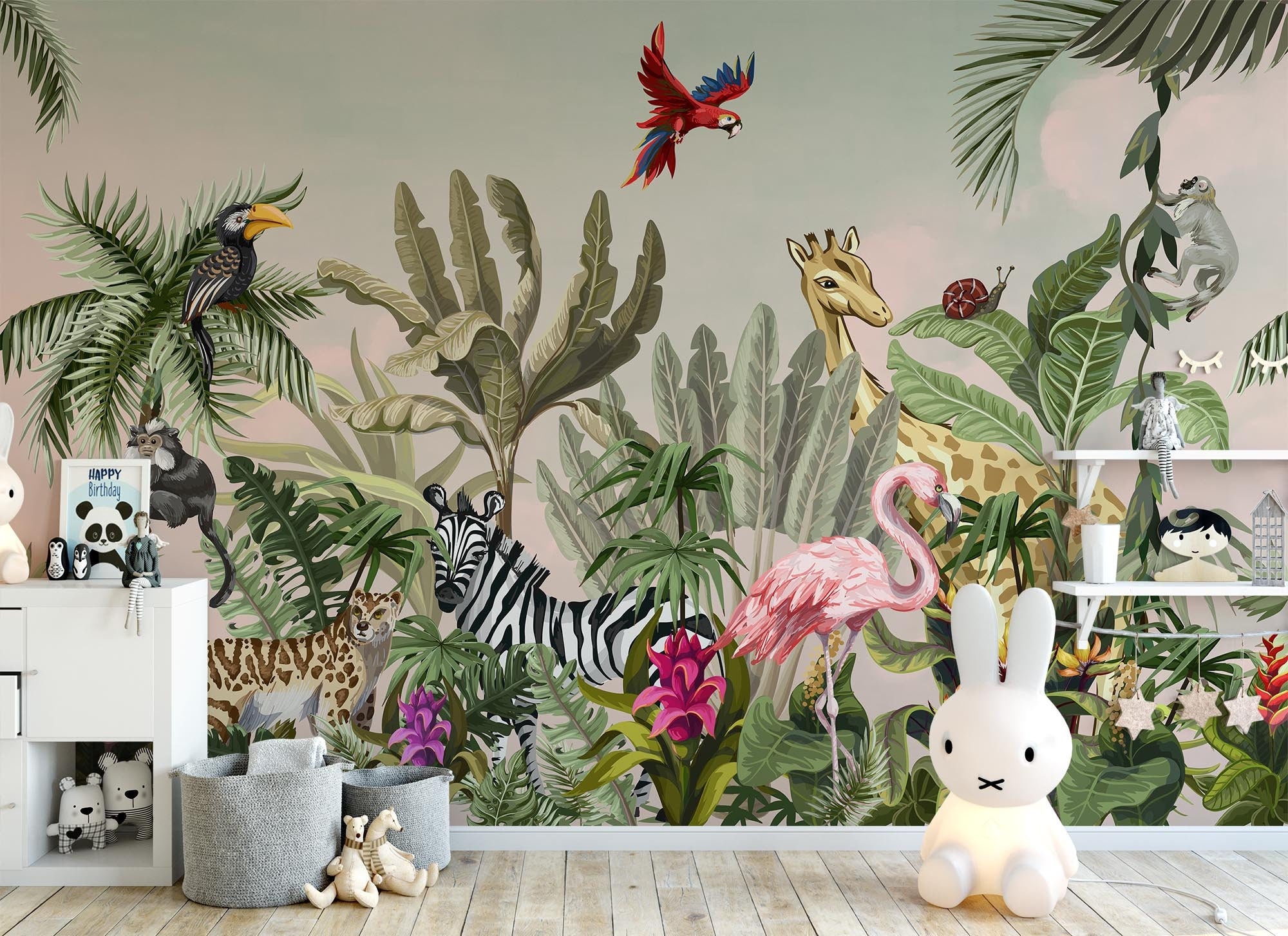 watercolor safari wallpaper,Peel and Stick jungle animals wallpaper,Removable kids playroom wallpaper,exotic wildlife Regular wallcovering