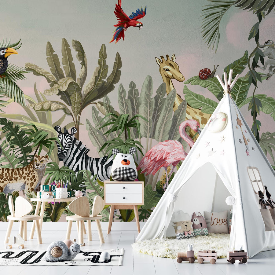 watercolor safari wallpaper,Peel and Stick jungle animals wallpaper,Removable kids playroom wallpaper,exotic wildlife Regular wallcovering