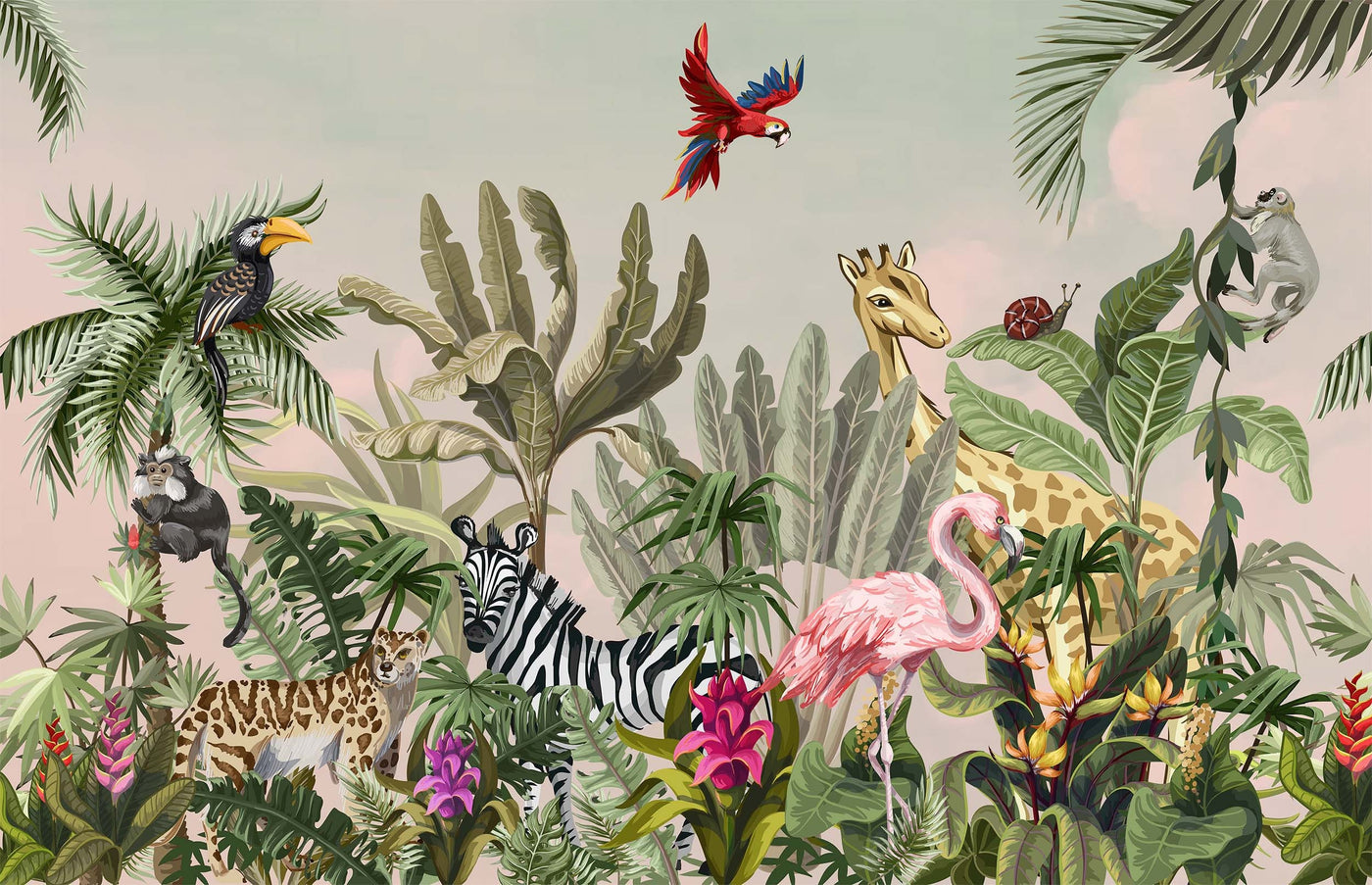 watercolor safari wallpaper,Peel and Stick jungle animals wallpaper,Removable kids playroom wallpaper,exotic wildlife Regular wallcovering