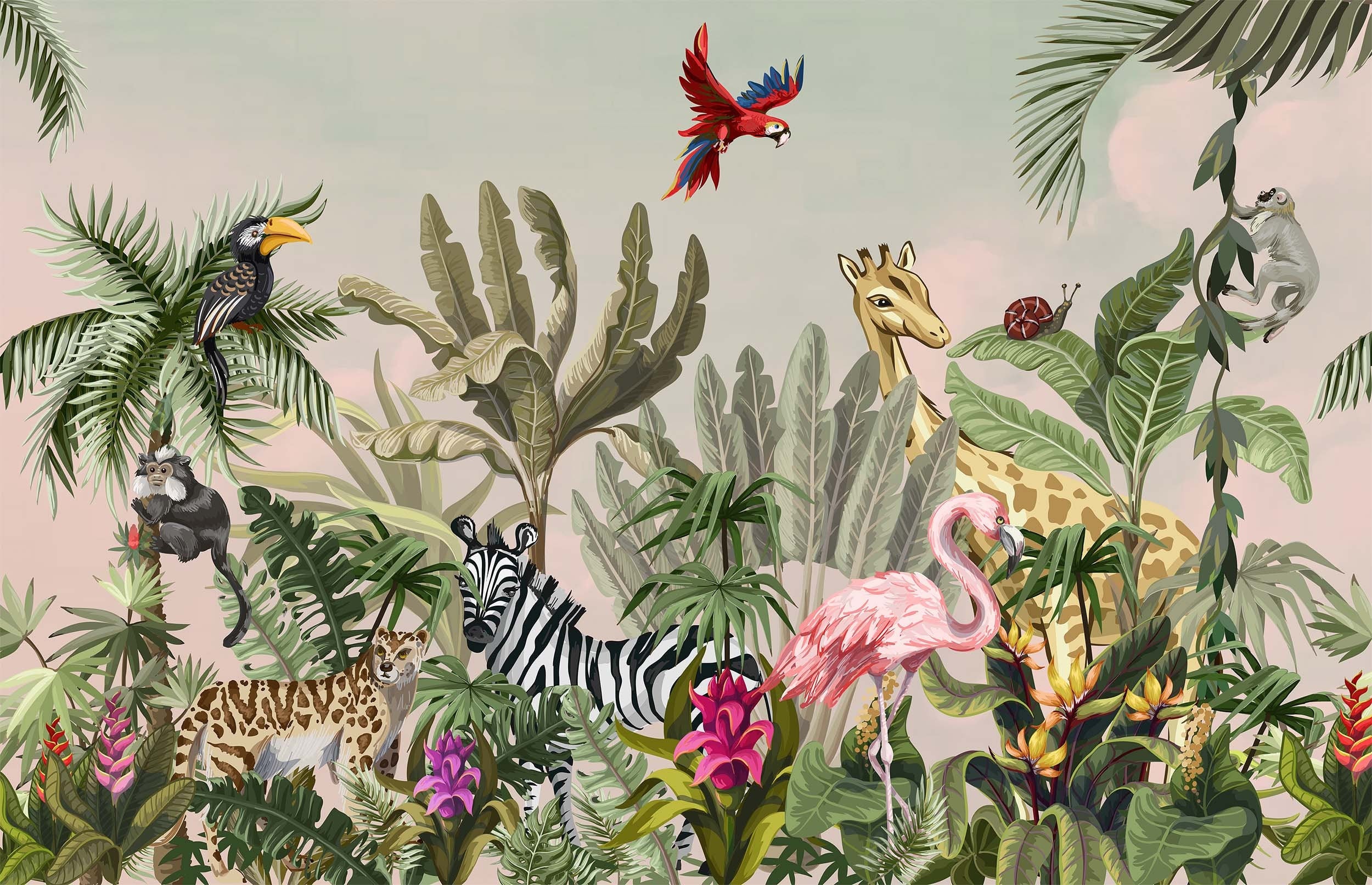 watercolor safari wallpaper,Peel and Stick jungle animals wallpaper,Removable kids playroom wallpaper,exotic wildlife Regular wallcovering