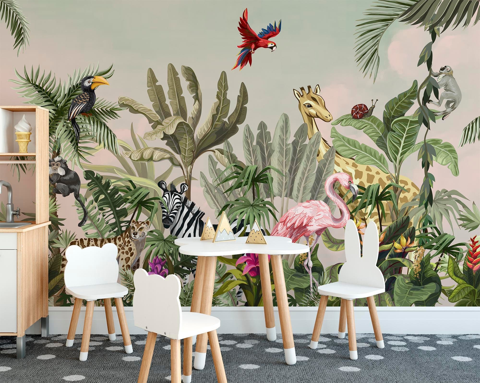 watercolor safari wallpaper,Peel and Stick jungle animals wallpaper,Removable kids playroom wallpaper,exotic wildlife Regular wallcovering