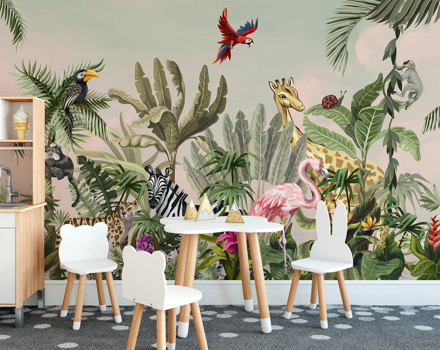 watercolor safari wallpaper,Peel and Stick jungle animals wallpaper,Removable kids playroom wallpaper,exotic wildlife Regular wallcovering