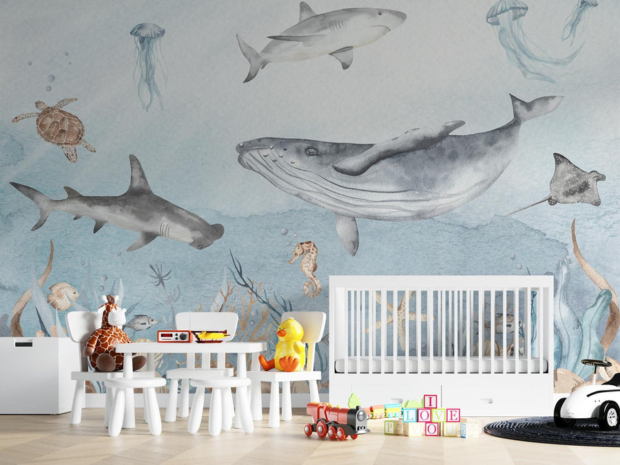 watercolor undersea wallpaper,undersea world nursery wallpaper,undersea creatures kids wall mural,custom size Peel & Stick | Regular